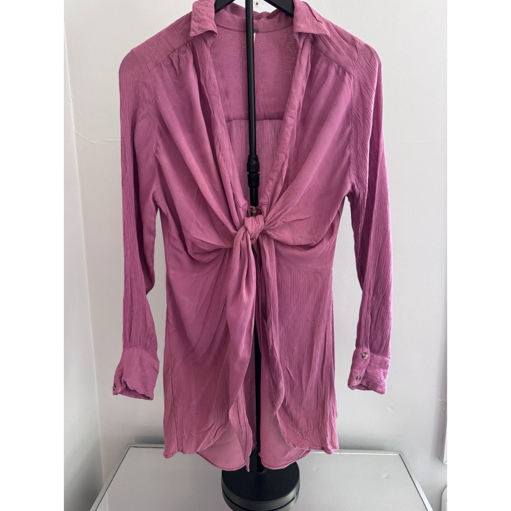 Free People Tie Front Crinkle Gauze Tunic Top Pink Boho Long Sleeve S - Picture 2 of 9